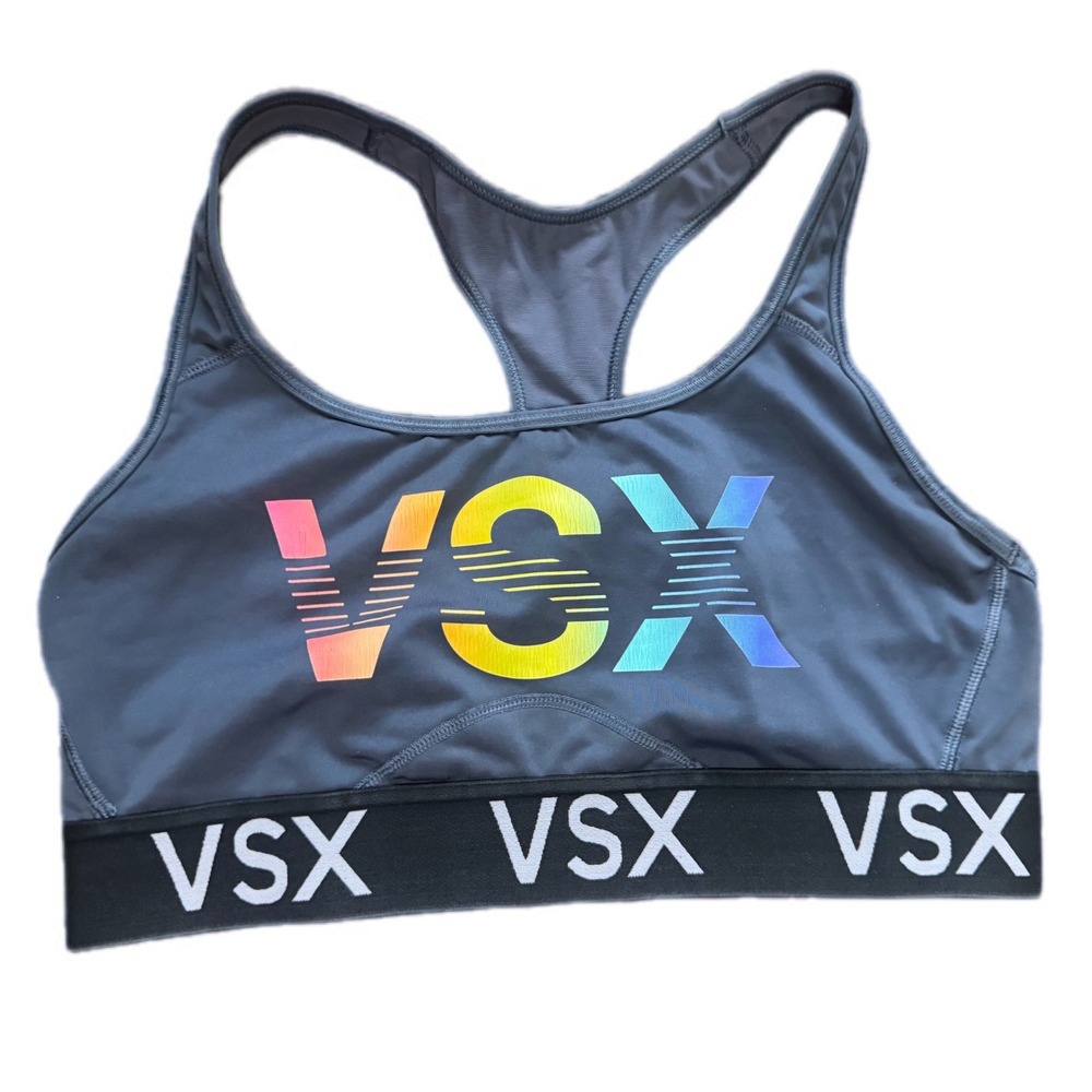 Victoria's Secret VSX Sport Bra Womens Medium‎ Gray Rainbow Logo Racerback